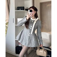 Rosey closet- Set đầm dạ ép ngắn xoè bồng dài tay cổ tròn phối nơ đính khuy bọc kèm quần sooc ngắn viền ren