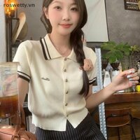 Roswetty Áo thun nữ cổ bẻ Nút tay ngắn Phong cách Preppy Áo sang trọng vn
