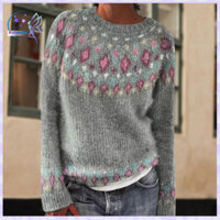 Rotyroya- Áo len dệt kim thoáng khí Áo nhảy chặn màu Áo len cổ tròn thời trang dành cho nữ Áo len dài tay chắp vá đan để mặc thường ngày dáng rộng vừa vặn Quần dệt kim đầy màu sắc Hợp thời trang