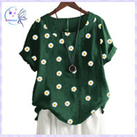 Rotyroya-áo thun nữ tay ngắn Marguerite in vải lanh Cotton dáng rộng Áo sơ mi