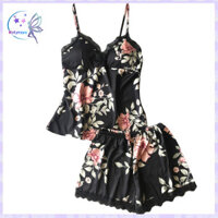 Rotyroya-bộ đồ ngủ in hình lá hoa dành cho nữ có đệm yếm ren viền quần short co giãn