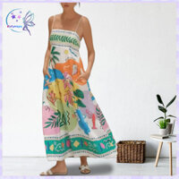 Rotyroya- Đầm In Hình Không Tay Mùa Hè Đi Biển Đầm Maxi In Hoạt Hình Spaghetti Dây Đeo Lưng Rời Chữ A Trượt Có Túi Cho Kỳ Nghỉ Sundress Phong Cách Đông Nam