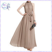 Rotyroya- Đầm Maxi không tay cổ tròn màu trơn dự tiệc dạ hội có thắt lưng