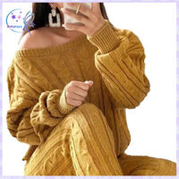Rotyroya- Mùa Thu Đông Ấm Áp Màu Trơn 2 Bộ Một Vai Áo Len Đan Quần Dài