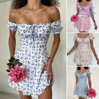 Rotyroya-nữ Đầm Cổ Vuông Co Giãn Vintage Cao Cấp Áo Chui Đầu Làm Mới In Hoa Tắt Vai Không Lưng Mùa Hè Quần Áo Nữ