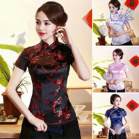 Rotyroya-nữ Retro Qipao Áo Đứng Cổ Tay Ngắn In Hoa Truyền Thống Trung Quốc Áo Sườn Xám Năm Mới Quần Áo Nữ