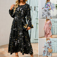 Rotyroya-o-cổ Dài Tay Co Giãn Eo Chặt Ruffle Viền Lớn Nữ Đầm Xuân Thu In Hoa Voan Maxi Đầm Dạo Phố