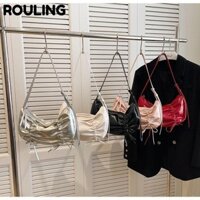 ROULING Túi đeo vai , Túi đeo vai nếp nhăn bằng da Pu, Túi xách nữ màu bạc nhỏ nơ thời trang