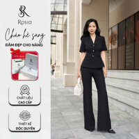 [RS001] Set ký giả ROSIA Bộ công sở nữ quần ống loe phối cổ tim áo ngắn tay thiết kế màu đen thanh lịch sang trọng
