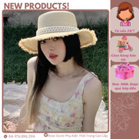 (RS008)Mũ cói đi biển đai ngọc tua rua cao cấp chống tia UV_ Mũ cói vành rộng QCCC hottrend 2024