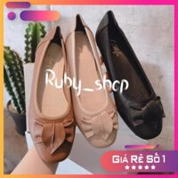RUBY_SHOP- GIÀY BÚP BÊ NỮ THỜI TRANG DA MỀM ĐẾ BỆT CÔNG SỞ 1CM NƠ CHIẾC LÁ 3 MÀU ĐEN KEM BÒ B200505