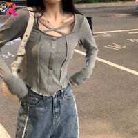 Ruidian Thu Đông Mới Thời Trang Ngắn Cho Nữ Cross Slim Fit Dài Tay Dệt Kim Áo Thun Quần Áo Thường Ngày