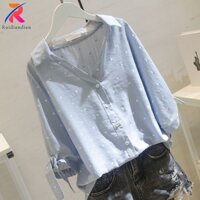 Ruidiandian Chất Lượng Cao Chấm Bi Quá Khổ Áo Sơ Mi Nữ Tay Ngắn Rời Phong Cách Hàn Quốc Giảm Béo Trắng Cổ Chữ V Thường Ngày Cho Học Sinh