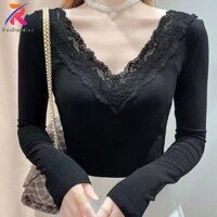Ruidiandian Pháp Cổ Chữ V Ren Top Gợi Cảm Thời Trang Slim Fit Áo Sơ Mi Đế Thu Đông