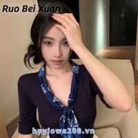 Ruo Bắc Xuân Khăn Lụa Ruy Băng Cổ Chữ V Tay Ngắn Vai Áo Thun Nữ Top