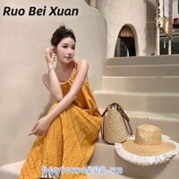 Ruo Bắc Xuân Nữ Váy Treo Tua Rua Vàng Siêu Đẹp Đầm Đi Biển