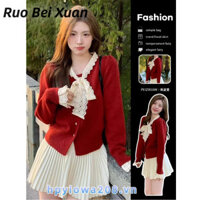 Ruo Bei Xuân Áo len cardigan màu đỏ nơ nữ phong cách mới bên trong áo dệt kim