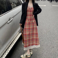 Ruo Bei  Xuan    Đầm Hai Dây Cổ Chữ v Eo Cao Phối Ren Màu Đỏ Sọc Ca Rô Phong Cách Pháp Thời Trang Mùa Hè