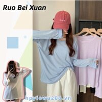 Ruo Bei Xuân Nữ Mỏng Tay Dài Cổ Tròn Chống Nắng Rời Thường Ngày Size Lớn Áo Thun Nữ Màu Trơn