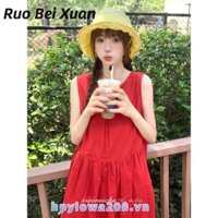 Ruo Bei Xuân Pháp Retro Đỏ Không Tay Phối Áo Vest Nữ