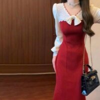 Rượu Anh Đào Ren Pháp Phong Cách Nhẹ Nhàng Nơ Mỏng Chắp Vá Hông Quấn Đầm