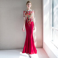 Rượu Vang Đỏ / Đen Cưới Đầm Dạ Hội Tính Khí Giữa Tay Cổ Tròn Thêu Hoa Ôm Phù Hợp Với Đuôi Cá Váy Cưới Bữa Tối Dài