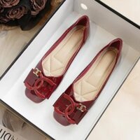 Rượu Vang Đỏ Pháp Đế Phẳng Giày Đơn Cho Nữ Ánh Sáng Mới Miệng Bằng Sáng Chế Da Đỏ Giày Cưới