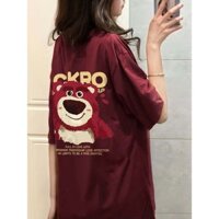 Rượu Vang Mùa Hè Gấu Dâu Đỏ Áo Thun Tay Ngắn Nữ Thời trang Phong Cách Rời Phù Hợp Với Nặng Nguyên Chất Cotton Slim