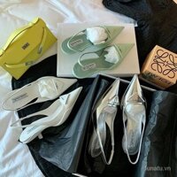 Ruyanvuicr Mũi Nhọn Giày Nữ Ngọt Ngào Giày Da Thật Mèo Gót Dây Đeo Sau Tam Giác Logo Giày Cao Gót