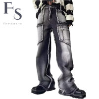 【S-3XL】Quần jean nam thời trang thẳng thùng jeans rắn màu mỹ đường phố người đàn ông thoải mái đơn giản nối quần ống rộng bigsize nam unisex