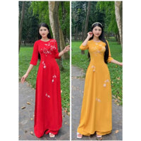 S 8 S9 Set Áo Dài Truyền Thống Vải Lụa Mỹ Cổ Tròn Đính Kết Hoa