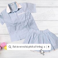 [S007 SET ÁO SƠ MI KẺ XANH PHỐI CỔ TRẮNG MIX CHÂN VAY XẾP LY, SET ĐỒ NỮ PHONG CÁC HÀN QUÓC, HÀNG CÓ SẴN, CÓ ẢNH CHỤP SET