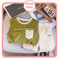 S032 Chun Chin | Set Áo Ba Lỗ Xanh In Chữ Quần Kem Cho Bé Trai 8-19kg