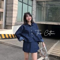 [S125] SET VÁY JEANS GIẤY ĐUÔI TÔM CROPTOP metwo.dearu - Set bò denim áo sơ mi lửng kèm chân váy vạt chéo có lót Hàn
