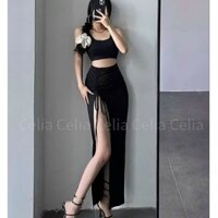 S15/5_ Set Body Sexy Áo Dây Croptop Chân Váy Dáng Dài Xẻ Tà Cao Rút Dây Thắt Nơ