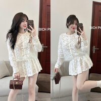 [S2.3013] Set Ren Hàng 2 Lớp Áo Tay Dài Đính Nơ Mix Chân Váy Ren Xếp Ly 2 Màu (cvay có lót)
