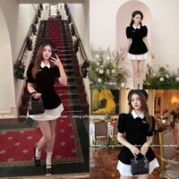 [S2.54] Hàng Chuẩn] Set Áo Cổ Pha Tang Nơ Đá Mix Chân Váy Kaki Trắng 2 Lớp Sang Chảnh Có Ảnh Thật