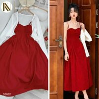 S262_SET ĐẦM ĐỎ DÂY XOÈ KÈM ÁO KHOÁC LỬNG