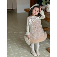 S29 Set Váy Đầm Công Chúa Bé Gái Đính Nơ Bling Bling Kèm Áo Len Giữ Nhiệt, Set Váy Đầm Thu Đông Bé Gái Đính Nơ