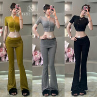S333 - Set Đồ Nữ Áp Croptop Tay Ngắn + Quần Ống Loe Cạp Trễ Phối Ren Trendy Thời Trang - Ngọc Lucie