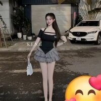 S3/71_Set Áo Trễ Vai Phối Dây Tà Xéo Mix Chân Váy Caro Tầng Xòe Có Lót Siêu Xinh