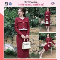 S439 Set áo váy bút chì đỏ sang chảnh [TH Hà Thanh] áo dạ đỏ croptop phối cổ bèo, chân váy ôm bút chì dài công sở