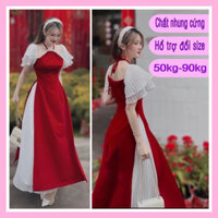 S533- Set áo dài cách tân mặc tết chất nhung màu đỏ tay cánh tiên kèm chân váy xoè xếp li - Shop Táo Đỏ Bigsize