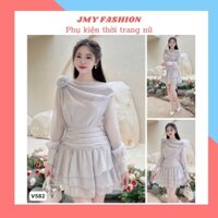 S582 Set áo chân váy xanh lệch vai dài tay nữ tinh [TH Hà Thanh] Set tơ xanh xòe ngắn 3 tầng sang chảnh