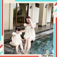 S67 - Set Áo Tay cánh tiên bo chun ngực Chân váy xòe màu Kem - Tiny Winy