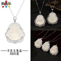 S925 Bạc Vòng Cổ Bạc Kẻ Sọc Tự Nhiên Chalcedony Mặt Cười Phật Mặt Dây Chuyền Vòng Cổ Maitreya Phật Xương Đòn Dây Xích Bụng Lớn Ngồi Phật