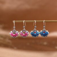 S925 Bông Tai Bạc Retro Thủ Công Tay Nghề Cloisonne Sen Rỗng Gói Thơm Hộp Thuốc Bông Tai Nữ