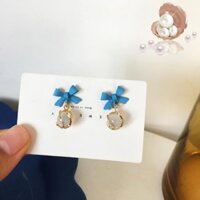 ♘♘☌S925 Kim bạc Tiên Nữ tròn Opal Hoa tai Bông tai Bowknot Xanh tươi Hoa tai Bông tai Cô gái dễ thương