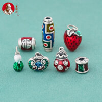 S990 Bạc Nguyên Chất Epoxy Màu Dâu Ví Ruyi Khóa Dzi Hạt Phụ Kiện Tự Làm Vòng Tay Vòng Tay Vòng Cổ Bạc Phụ Kiện