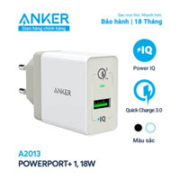 Sạc ANKER PowerPort+ 1 cổng Quick Charge 3.0 có PowerIQ 18W - A2013 - Hỗ trợ sạc nhanh cho các thiết bị Android sạc tối ưu 12W cho iPhone iPad trang bị nhiều công nghệ an toàn để bảo vệ thiết bị và sạc